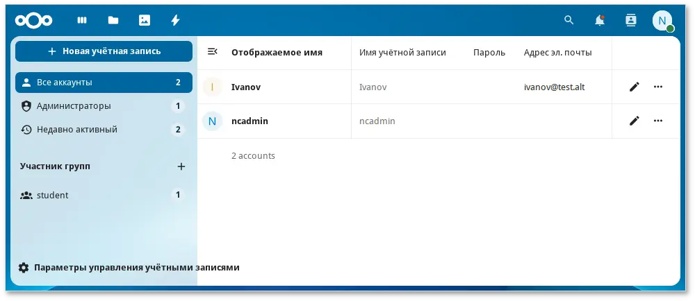 Nextcloud. Страница Активные пользователи