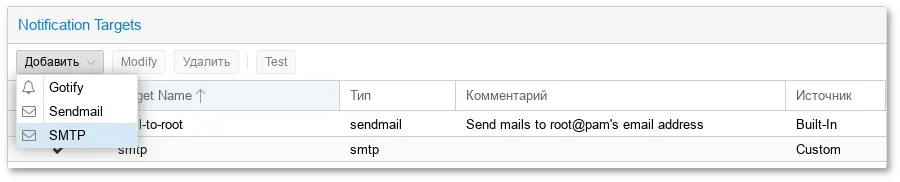 Создать цель уведомлений SMTP